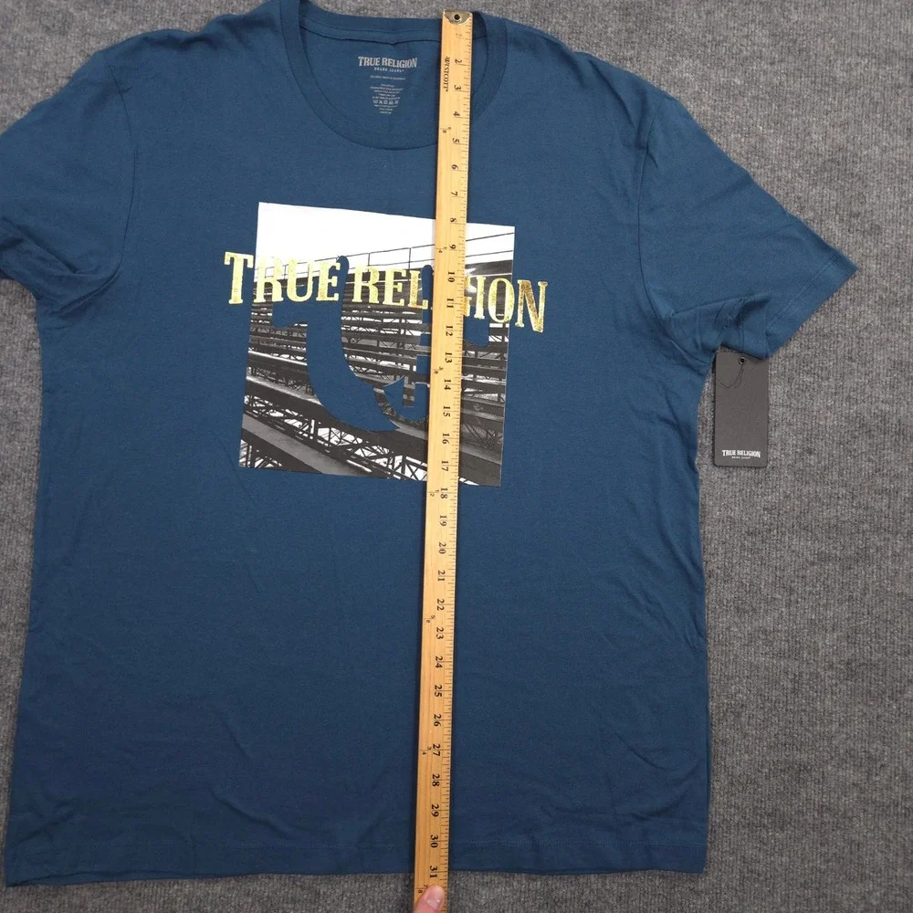 True Religion T Shirt Mens 3XL Majolica Blue Bench Graphic Short Sleeve Crew NEW